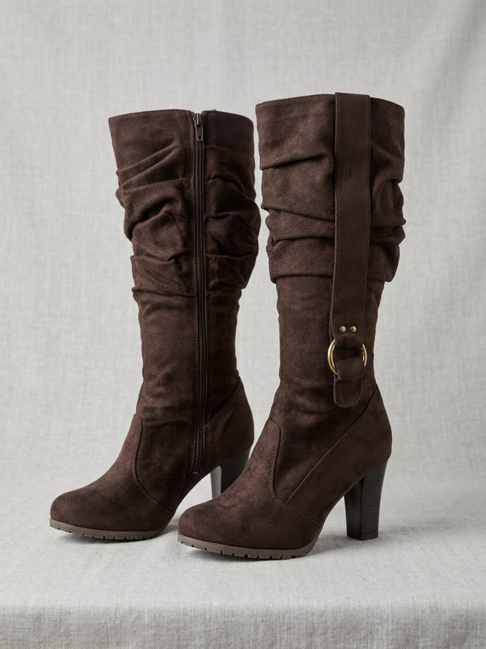 Joy & Peace Brown Suede Slouch Mid-Calf Boots with Gold Buckle Size 9